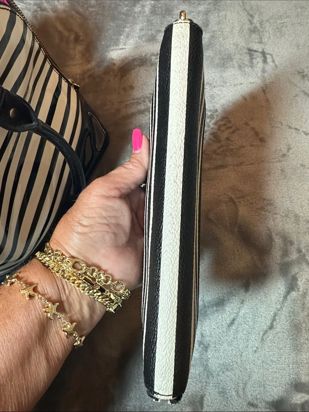 EUC kate ♠️ spade Black & White Striped Patent Satchel w/Matching Wallet ♠️
